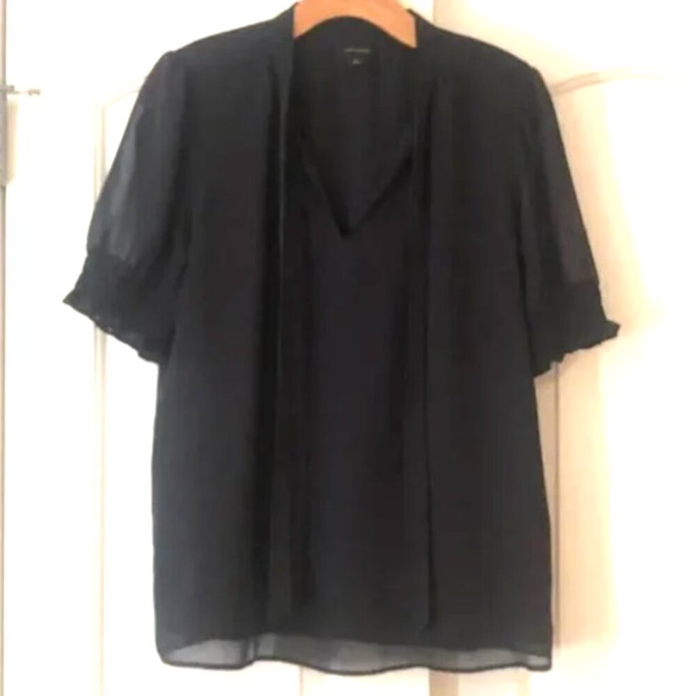 Ann Taylor Navy Blue Chiffon Puff Sleeve V-Neck Blouse with Ribbon Tie Neck